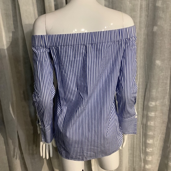 Rag & Bone Blue/White Stripe Off the Shoulder Long-Sleeve Cotton Blouse - Picture 6 of 9